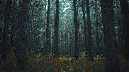 Fototapeta premium Low-angle shot of towering trees in a dense forest.