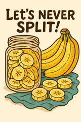 Cartoon Bananas with Sliced Fruit in Jar and Leaf Illustration