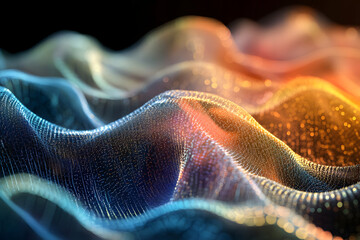 Futuristic abstract 3D wave of glowing particles and digital mesh in vibrant blue, orange, and gold tones on dark background

