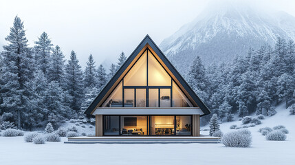 modern frame house with glass front in snowy forest setting