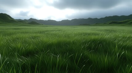 Fototapeta premium Lush green meadow stretches to distant hills under a partly cloudy sky