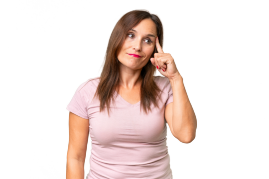 Middle-aged caucasian woman over isolated background making the gesture of madness putting finger on the head