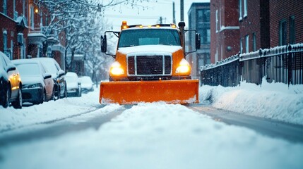 A snowplow clearing a snow-covered street during a blizzard in a residential area.