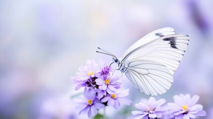 Naklejka premium A large white butterfly with delicate black markings rests on vibrant purple flowers. The image features a shallow depth of field, focusing on the butterfly and blossoms. High resolution and soft li