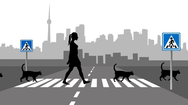 Animation with a girl with cats on pedestrian crossing in the city (seamless loop)