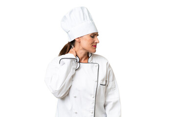 Middle-aged chef woman over isolated background with neckache