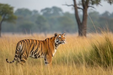 Fototapeta premium Golden Moments, A Mother Tiger and Cub in Autumn Tranquility