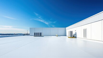 An expansive rooftop of a commercial building under a bright blue sky, clean and modern in design.