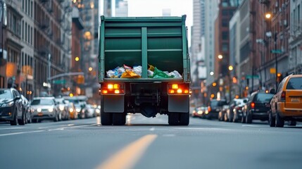 A green garbage truck, filled with trash, traveling through a city street during daylight hours.
