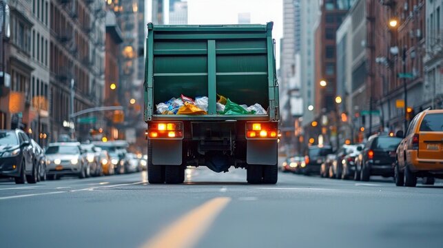 A green garbage truck, filled with trash, traveling through a city street during daylight hours. - Powered by Adobe
