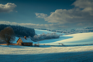 A view of the rolling hills and snowy fields in rural Yorkshire. There is an old farmhouse on one side of the picture with a forested area behind it, on a sunny winter day with a blue sky