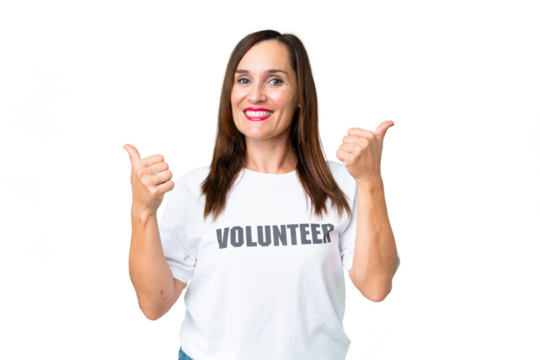 Middle age volunteer woman over isolated chroma key background with thumbs up gesture and smiling
