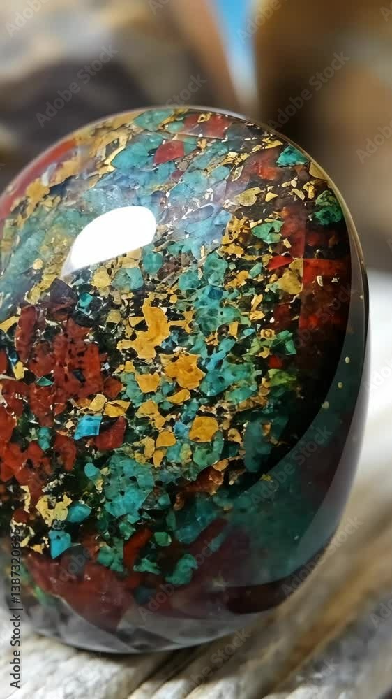Aufkleber unique gemstone with vibrant colors and intricate patterns displayed under bright light in a close-u