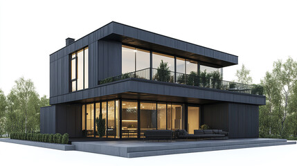 Fototapeta premium Modern industrial style house with dark exterior and large windows
