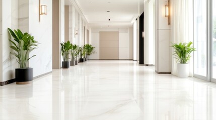 Modern hotel hallway, bright and spacious