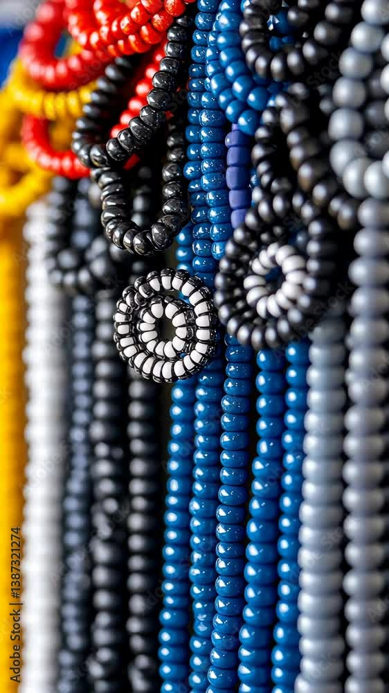 Poster colorful beads hang in rows showcasing various shapes and patterns in a creative art display