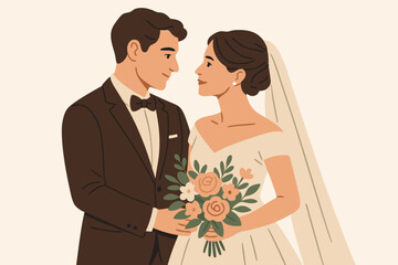 Elegant Minimalist Wedding Couple Vector Illustration with Floral Bouquet, Romantic Newlyweds in Formal Attire, Bride in White Dress with Veil and Groom in Classic Tuxedo, Perfect for Invitation Cards