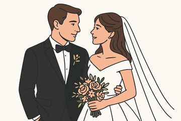 Elegant Minimalist Wedding Couple Vector Illustration with Bride in Off-Shoulder Dress and Groom in Classic Tuxedo, Romantic Newlyweds Gazing at Each Other, Bridal Bouquet with Peach Roses