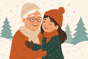 Heartwarming Winter Scene: Grandmother and Granddaughter Embrace in Snowy Forest, Intergenerational Love and Bonding, Cozy Holiday Illustration for Greeting Cards and Family-themed Designs
