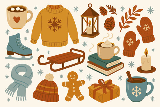 Cozy Winter Hygge Collection with Warm Sweater, Hot Cocoa, Mittens, Ice Skates, Candles, and Holiday Decorations - Hand-drawn Seasonal Elements for Christmas and Winter Designs in Warm Earth Tones