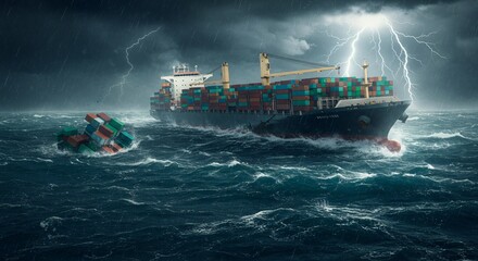 Container ship sailing through stormy sea with lightning striking near falling cargo containers for global trade risk and business disruption, insurance concept