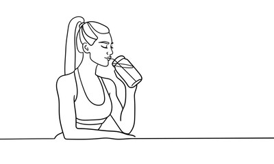 Sport girl drinks protein line art drawing. Girl narcissist, admires himself on white background. Vector illustration