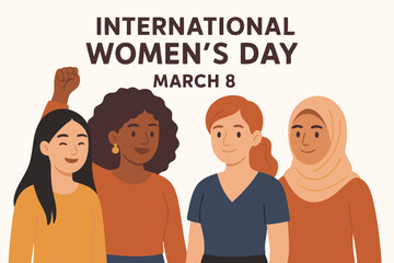International Women's Day Vector Illustration with Diverse Female Characters Standing United, Multicultural Women Empowerment Celebration, Feminist Movement Solidarity Graphic for March 8th Events