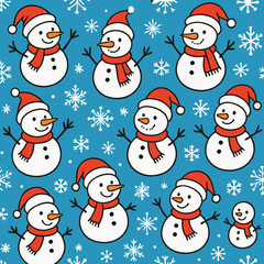 Festive Winter Seamless Pattern with Cheerful Snowmen Wearing Red Santa Hats and Scarves on Bright Blue Background with White Snowflakes, Christmas Holiday Vector Design for Wrapping Paper