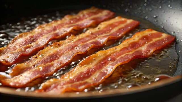 Healthy breakfast protein-rich concept. Crispy bacon strips sizzling in a frying pan, surrounded by bubbling grease, highlighting their golden-brown texture.