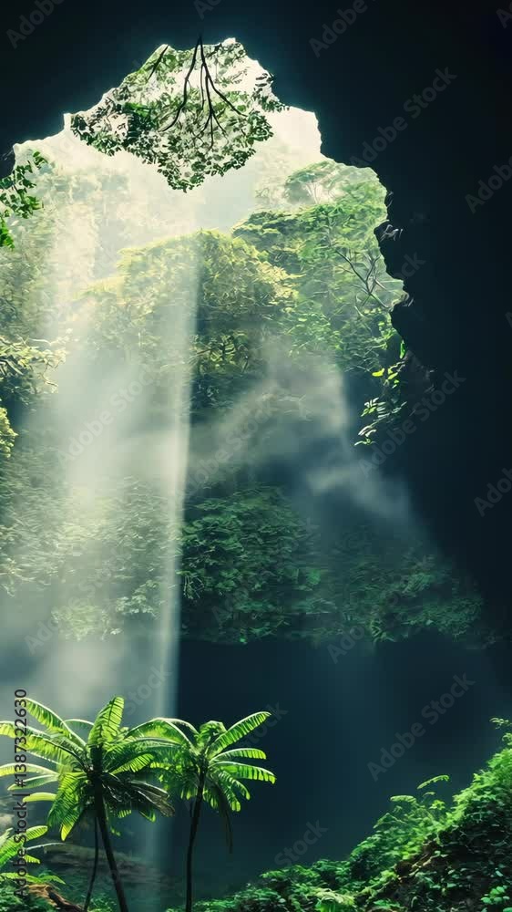 Aufkleber sunlight filtering through the canopy in a lush tropical forest creating a tranquil atmosphere durin