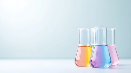 Three Erlenmeyer flasks hold colorful liquids yellow, purple, and pink. They sit on a white surface against a light blue backdrop. The image is high-quality with soft lighting. The style is clean an