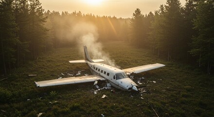 Wrecked airplane in forest glade with smoke at scenic sunset for disaster relief, emergency response, insurance claim background, or aviation safety awareness posters