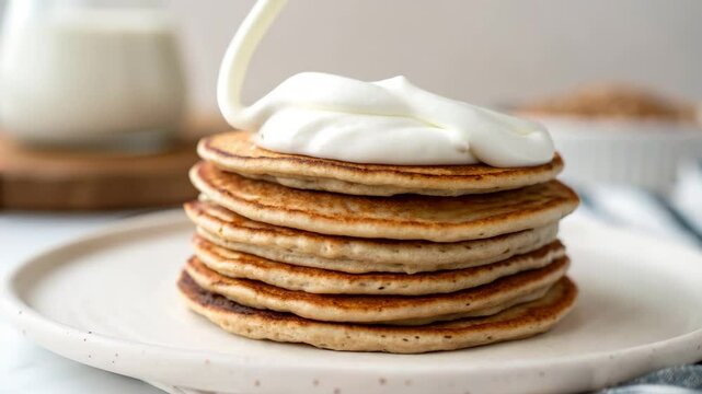 Healthy breakfast protein-rich concept. A tall stack of fluffy pancakes topped with a dollop of cream, served on a simple plate with a soft background.