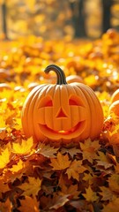 Carved pumpkin on pile of golden autumn leaves illuminated by soft sunlight, sunlight, pumpkins, festive