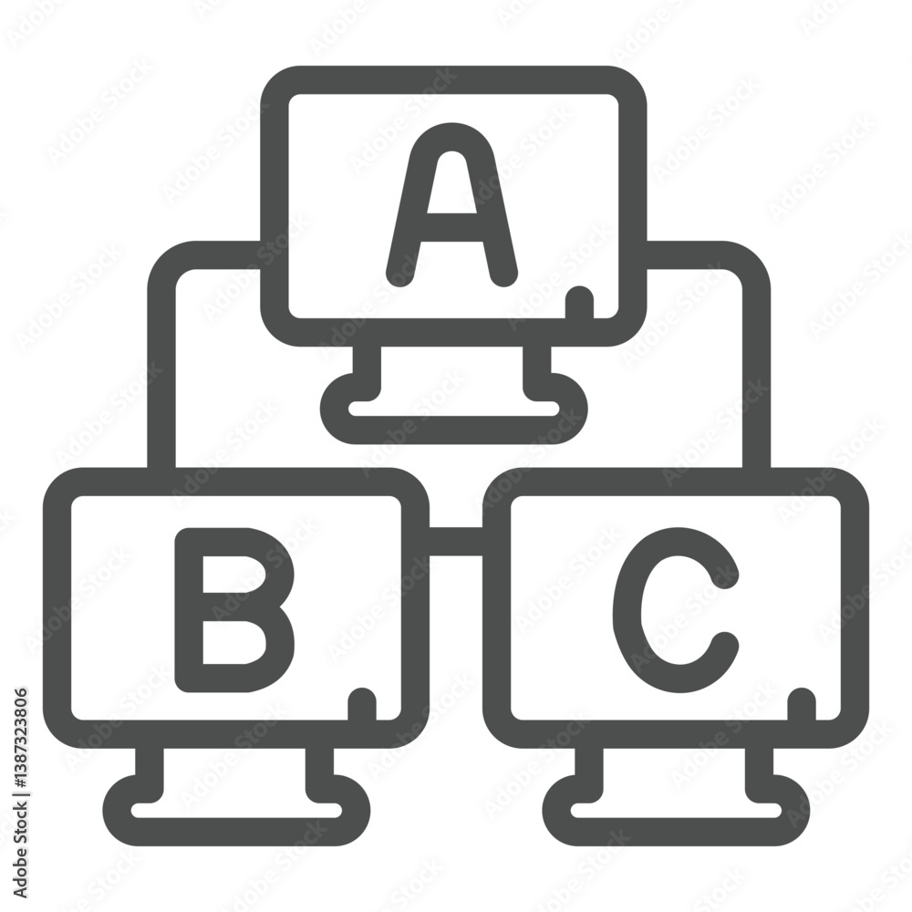 Poster three computers with letters line icon, local network concept. vector graphics. computer displays wi