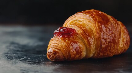A freshly baked croissant with butter and jam. Featuring indulgence and comfort