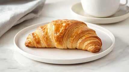A freshly baked croissant with golden, flaky layers, resting on a white ceramic plate. Featuring buttery texture and crisp edges