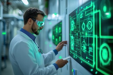 Scientist analyzing data on high-tech control panels in a modern laboratory at night