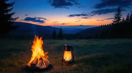 Tranquil Evening Campfire Scene with Lantern Under Twilight Sky