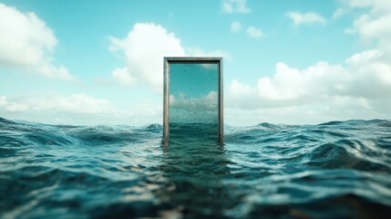 An intriguing doorway partially submerged in ocean waves creates a captivating visual that stimulates thoughts of transition, discovery, and the unknown beneath the surface.