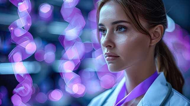 Woman in a white lab coat with a purple ribbon around her neck