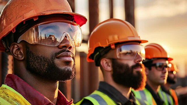 Construction Team: A group of construction workers stands in a row, basking in the glow of the sunrise with their hard hats and protective eyewear, ready to work.  