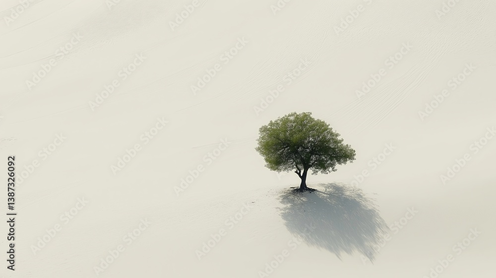 Poster a single tree standing in an endless desert, subtle sand textures.