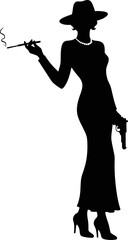 Silhouette of Female Gangster with Pistol and Cigarette Holder – Vintage Vector Illustration
