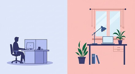 Fototapeta premium Comparing Office and Home Workspaces with Desks and Equipment