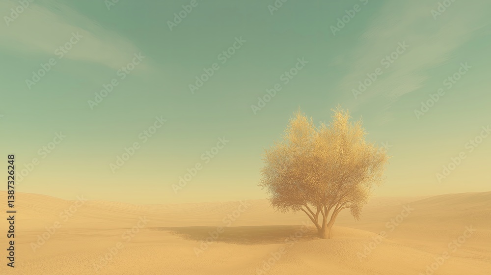 Poster a single tree standing in an endless desert, subtle sand textures.