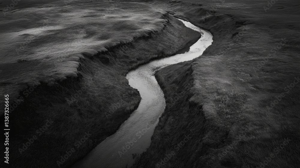 Aufkleber a small river winding through an open plain, delicate and soft