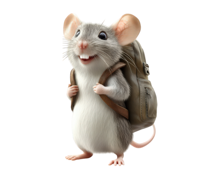 cheerful mouse with tiny backpack is ready for adventure, showcasing its playful spirit and curiosity. This adorable character embodies excitement and exploration