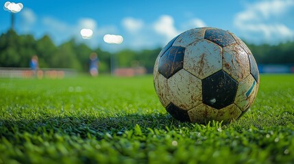 Fototapeta premium Scuffed soccer ball rests on artificial turf as blurry players and bright lights fill the background