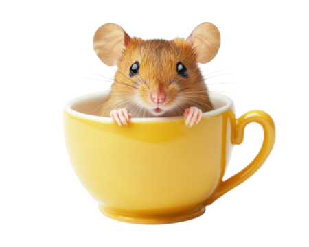 curious mouse peeks out from bright yellow teacup, showcasing its adorable features and whiskers. This charming scene captures playful essence of small creatures in delightful setting